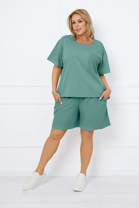 Komplet damski sportowy Bono z krótkim rękawem i krótkimi spodenkami, zielony szałwiowy, plus size XXL