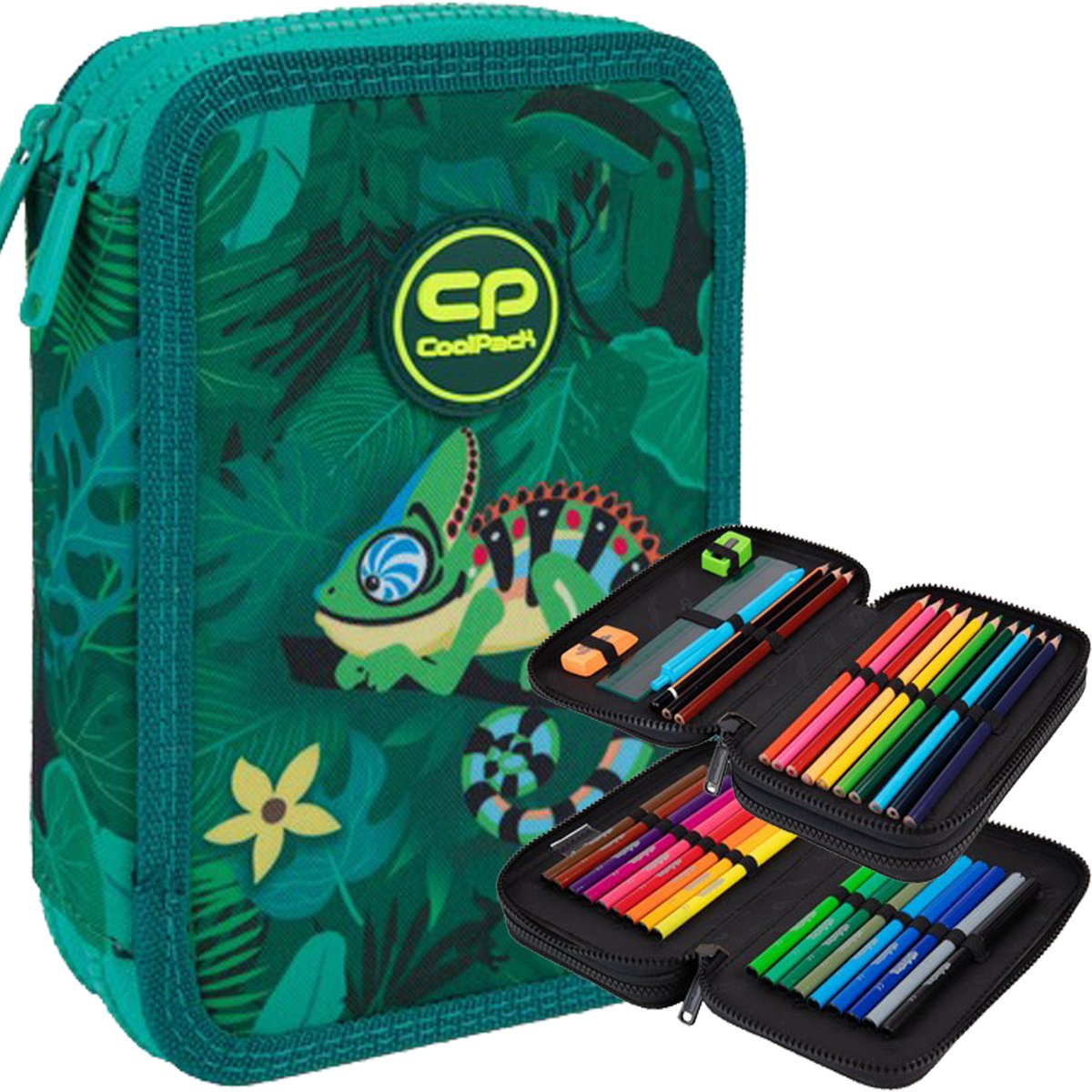 COOLPACK PIÓRNIK SZKOLNY DWUKOMOROWY Z WYPOSAŻENIEM KREDKI PISAKI TROPIC