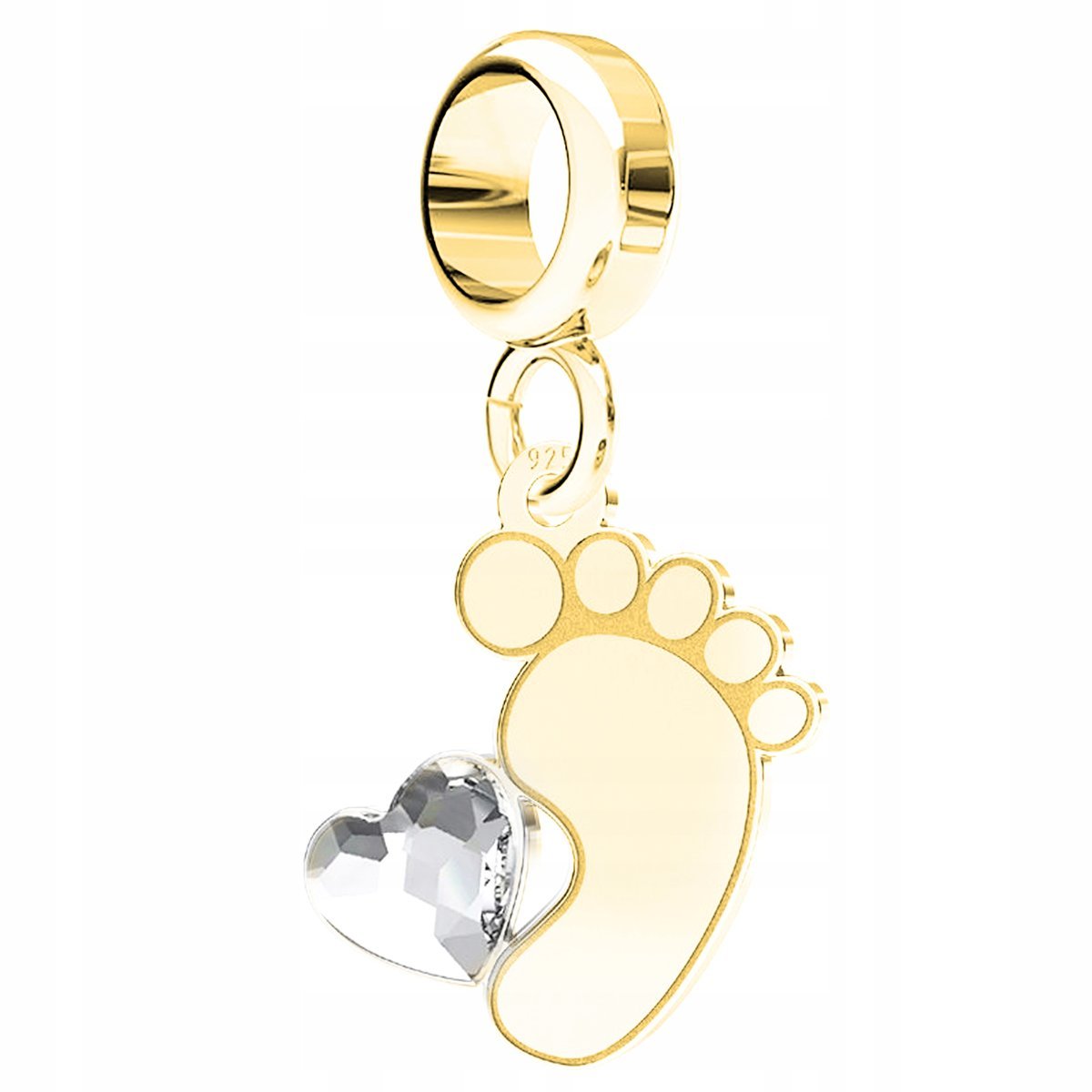 Charms Złoty ze Stópką Kryształem Stopa Dziecka Cyrkonia SREBRO 925