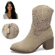Botki damskie - Kowbojki Botki Damskie Ażurowe Zamszowe Beżowe Modne z zamkiem Barski 38 - miniaturka - grafika 1