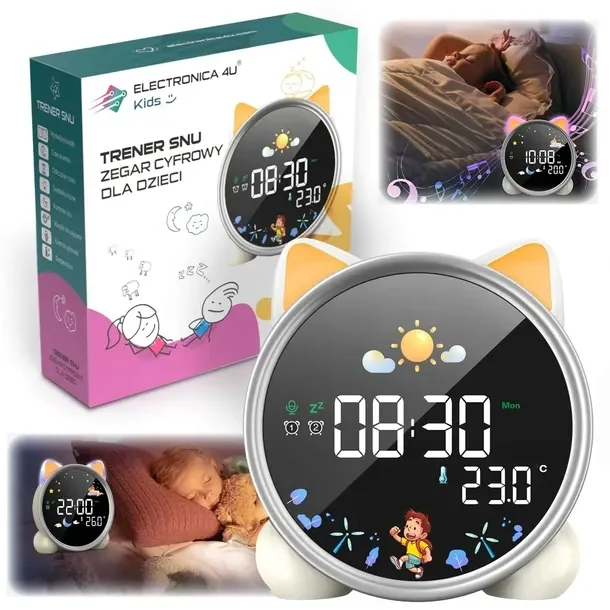 Zegar budzik lampka lampa nocna LED dla dzieci dziecka timer akumulator Kot