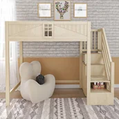 Łóżka dla dzieci i młodzieży - Łóżko na antresoli 90 x 200 cm - z bezpieczną drabiną z pojemnikami - z barierką bezpieczeństwa - naturalny (materac nie jest wliczony w cenę) - miniaturka - grafika 1