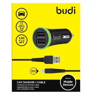 BUDI Ładowarka samochodowa BUDI 2x USB z kablem Lightning w zestawie czarna BD061L - Ładowarki samochodowe - miniaturka - grafika 1