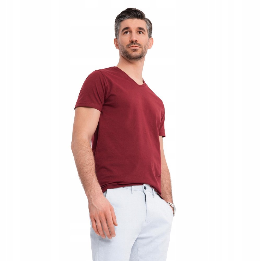 Klasyczna męska koszulka serek bawełna basic bordowa OM-TSBS-0237 V10 r L