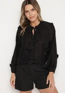 Koszule damskie - Czarna Koszula z Wiskozy Zdobiona Kwiatowymi Aplikacjami i Wiązaniem Sadevire - miniaturka - grafika 1