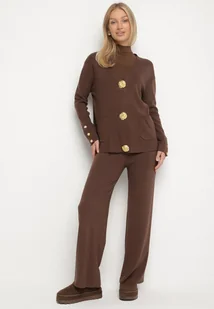 Brązowy Komplet Dzianinowy z Wiskozą Kardigan i Szerokie Spodnie Badire - Komplety damskie - miniaturka - grafika 1