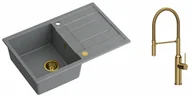 Zlewozmywaki z baterią - Quadron Zlewozmywak granitowy jednokomorowy 78*50*22 cm z ociekaczem MORGAN 111 SILVER STONE ze złotym odpływem z baterią MARILYN Q LINE z wyciąganą wylewką kolor złoty - miniaturka - grafika 1