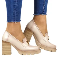 Mokasyny damskie - PÓŁBUTY MOKASYNY NA SŁUPKU Z OZDOBNĄ ZŁOTĄ KLAMRĄ POTOCKI 12403 BEŻOWE - miniaturka - grafika 1