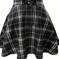 Spódnice - TEMU Elegancka Spódnica w Kratę dla Kobiet - A-Line, Półokrągła, Krótka do Średniej Długości (Niezalecana Długość do Kolan) z Zapięciem w Kokardy - - miniaturka - grafika 1