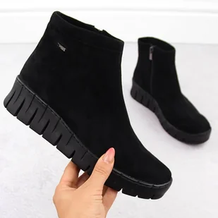 Skórzane botki damskie zamszowe czarne Helios 506P - Botki damskie - miniaturka - grafika 1