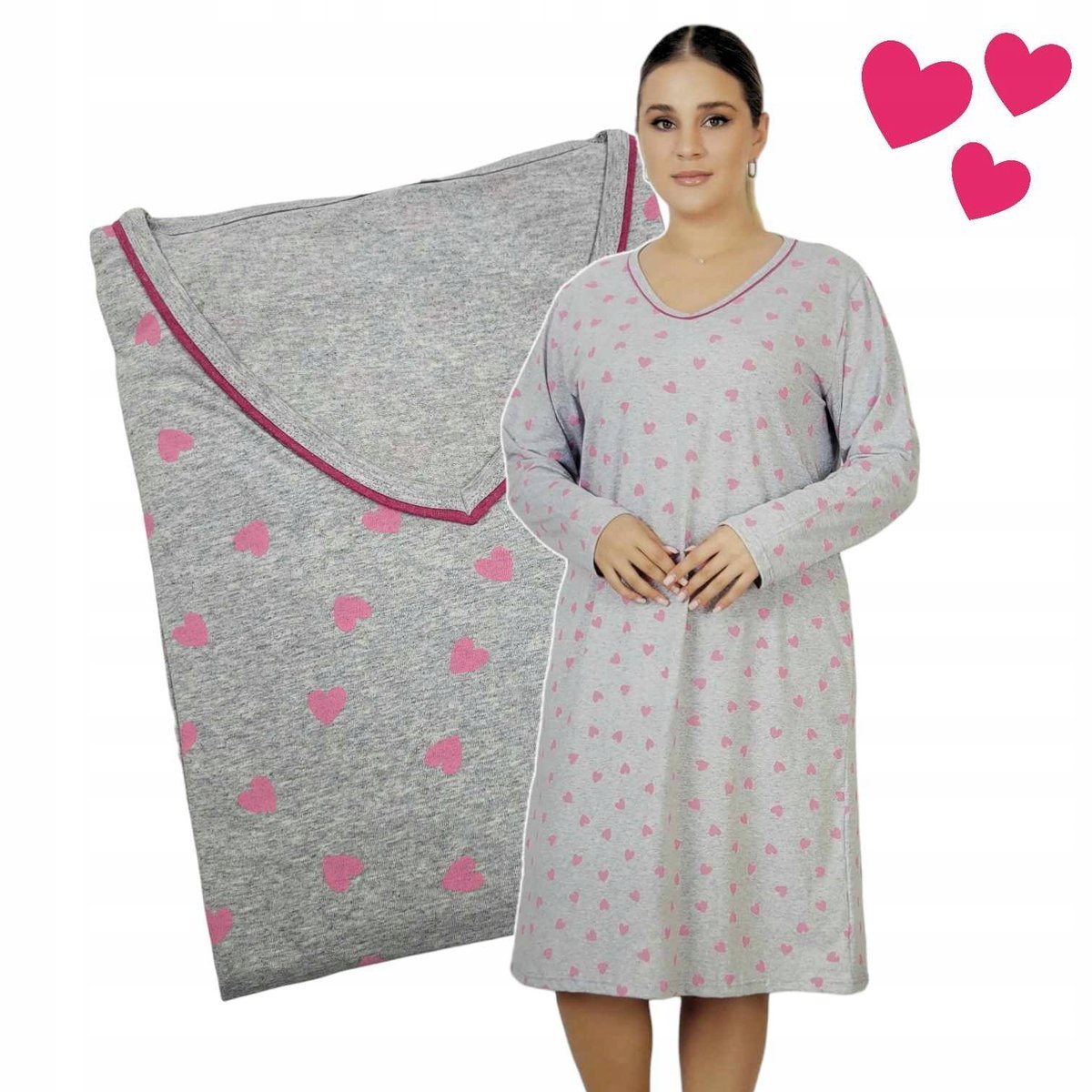 KOSZULA NOCNA MORELLA 3XL 4XL serca szara piżama BAWEŁNA urocza