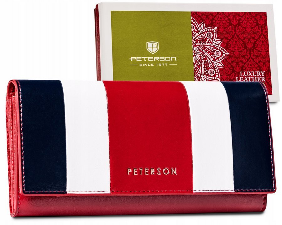 Damski portfel skórzany Peterson z ochroną RFID pojemna portmonetka na dokumenty i gotówkę, czerwony różnokolorowy