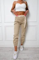 Spodnie damskie - SPODNIE JEANSOWE MOM FIT BOJÓWKI + PASEK - BEŻOWE - Olika - miniaturka - grafika 1