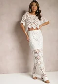 Komplety damskie - Biały Bawełniany Komplet Boho z Ażurowymi Wycięciami Spódnica Maxi i Bluzka Belrina - miniaturka - grafika 1
