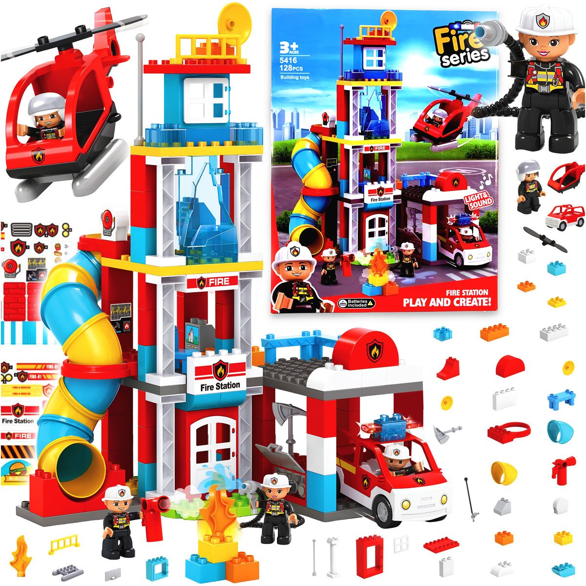 KLOCKI KONSTRUKCYJNE DUŻE ZESTAW STRAŻ POŻARNA 128 ELEMENTÓW DLA DZIECI 3L+