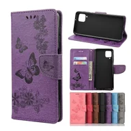 Portfele - Dla Samsung Galaxy A12 5G Butterflies Tłoczenie Poziome skórzane etui z klapką z uchwytem i miejscami na karty oraz portfelem Fioletowy - miniaturka - grafika 1