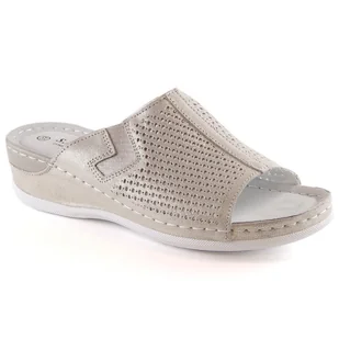 Klapki skórzane damskie na koturnie złote S.Barski złoty - Klapki i japonki damskie - miniaturka - grafika 1