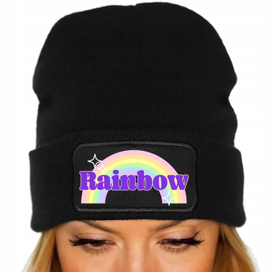 CZAPKA Jesienna BAWEŁNIANA ZIMOWA Ciepła CZARNA BEANIE RAINBOW Modne Wzory