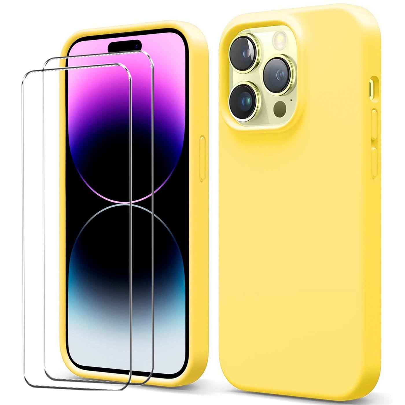 zestaw ochronny 2 w 1 dla Apple iPhone 15 Pro Max składa się z 2x szklanej osłony ekranu 9H i 1x silikonowego etui - osłona w kolorze żółtym