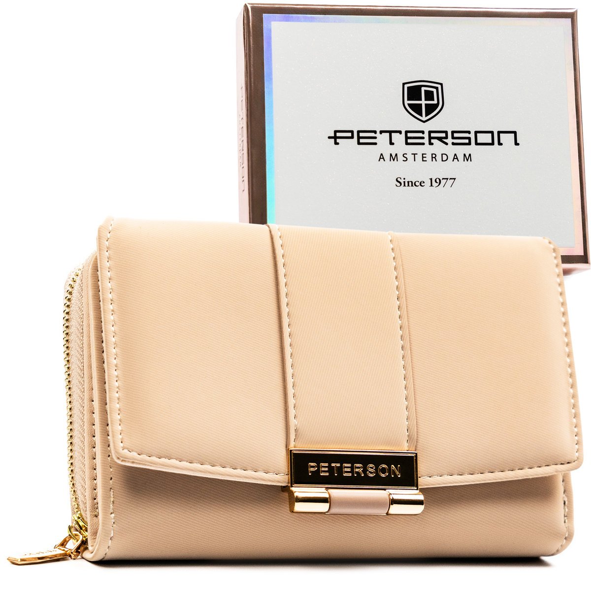 Portfel damski na suwak PETERSON mały portmonetka na zatrzask rozbudowany na karty RFID elegancki modny beżowy