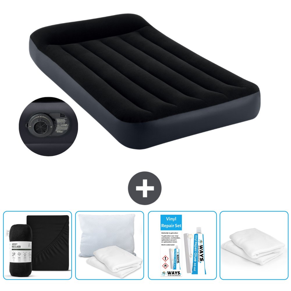 Łóżko powietrzne Intex - 1 osoba - 99 x 191 x 25 cm - Niebieski - Z pompką - Prześcieradło - Całowanie - Zestaw naprawczy en Ochraniacz na poduszkę