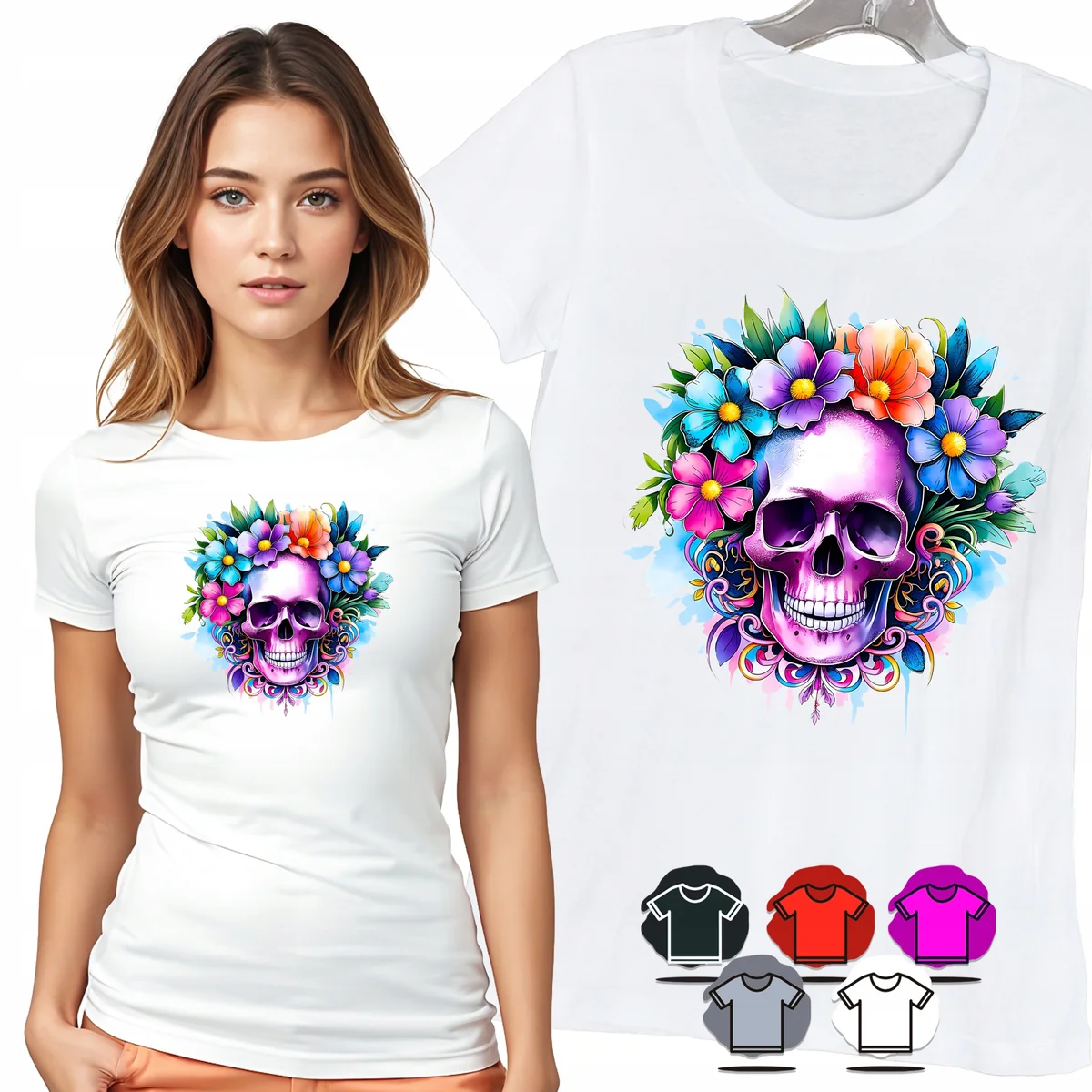 KOSZULKA DAMSKA T-SHIRT - CZASZKA TĘCZOWE KWIATY DAMSKI WZÓR MODNY - L