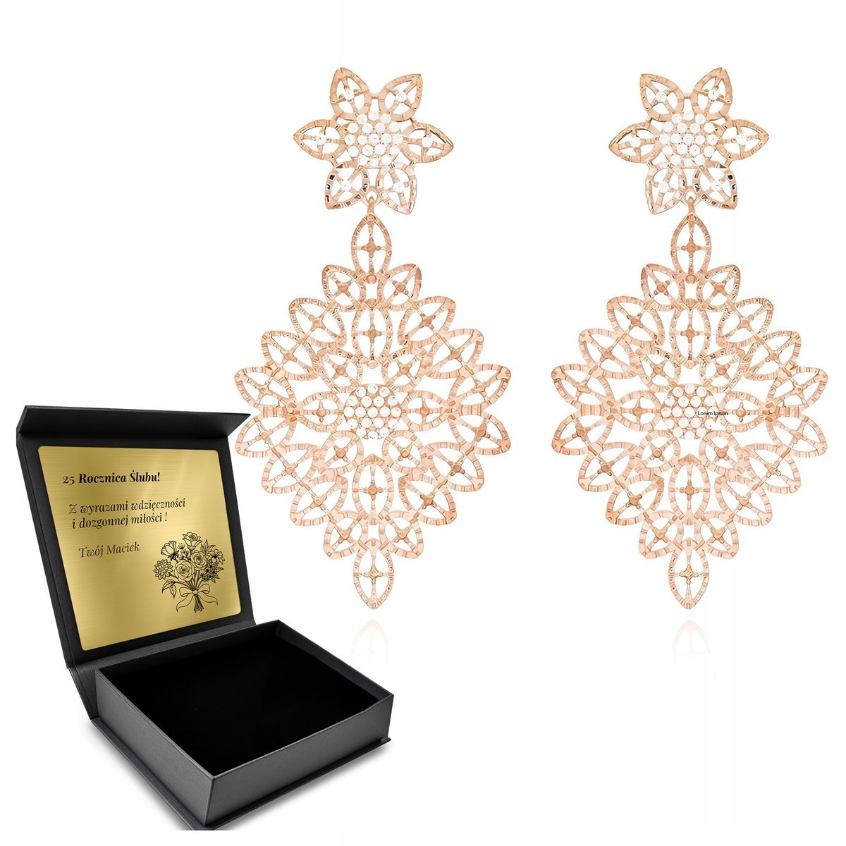 Kolczyki Pozłacane Różowe Złoto Srebro 925 Długie Ażurowe Orientalne Grawer