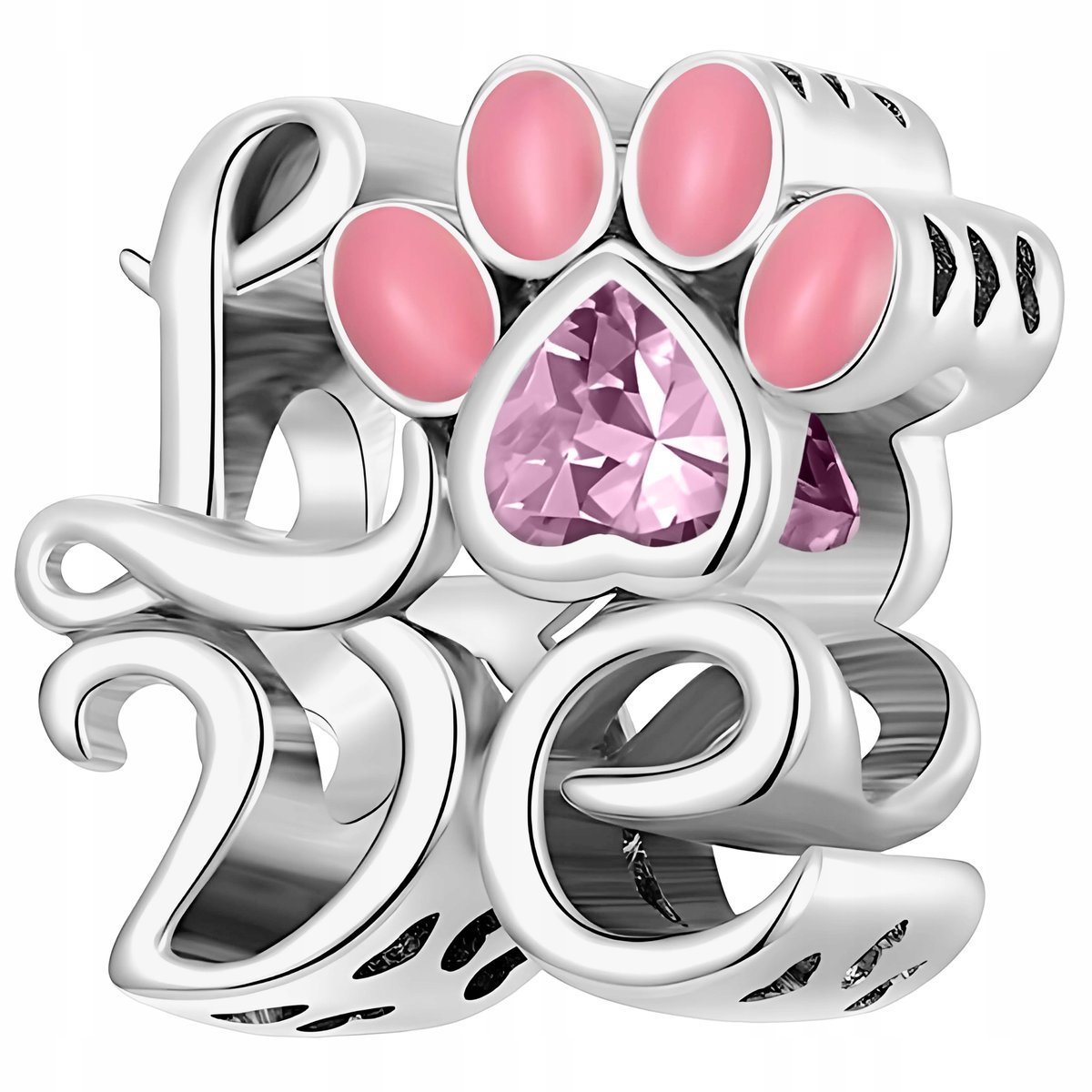 Charms Srebrny Łapka Psa Kota Różowe Serce Cyrkonia Napis Love SREBRO 925