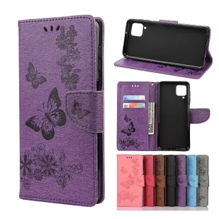 Dla Samsung Galaxy A12 5G Butterflies Tłoczenie Poziome skórzane etui z klapką z uchwytem i miejscami na karty oraz portfelem Fioletowy - Portfele - miniaturka - grafika 1