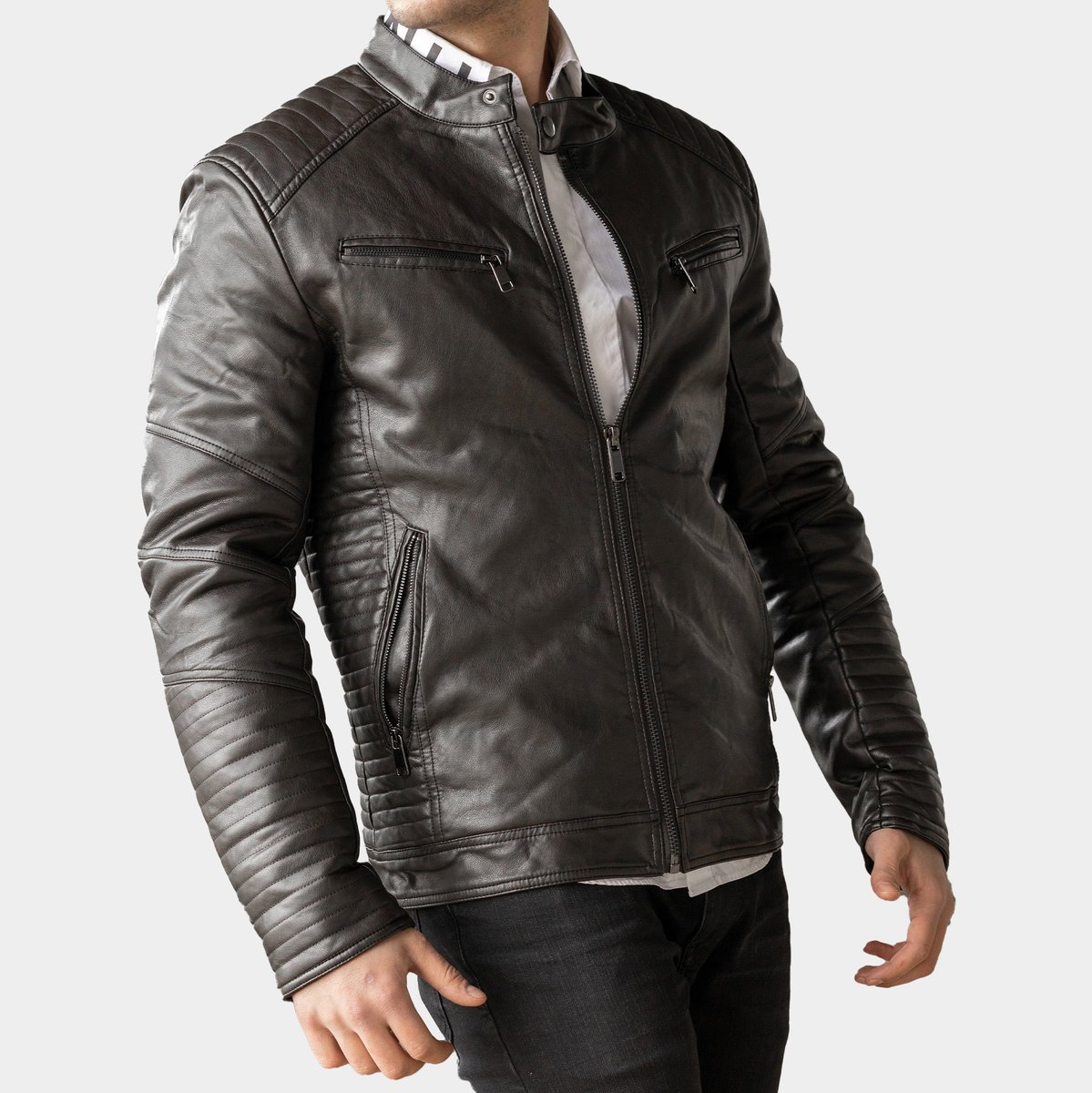 Kurtka Męska Brązowa Eko Skóra z Pikowaniami M Brązowy