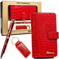 Portfele - Elegancki pionowy portfel damski z lakierowanej skóry naturalnej czerwony na zatrzask i suwak prezent na karty zestaw portfel + długopis + brelok oc.. - miniaturka - grafika 1