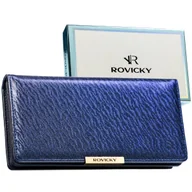 Portfele - Elegancki portfel damski ROVICKY duży na karty gotówkę na zatrzask i suwak ochrona RFID granatowy - miniaturka - grafika 1