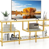 Szafki RTV - Szafka pod telewizor do 65 cali, stolik pod telewizor z półkami z hartowanego szkła, regał pod telewizor do salonu, złoty, 147 x 40 x 62 cm - miniaturka - grafika 1