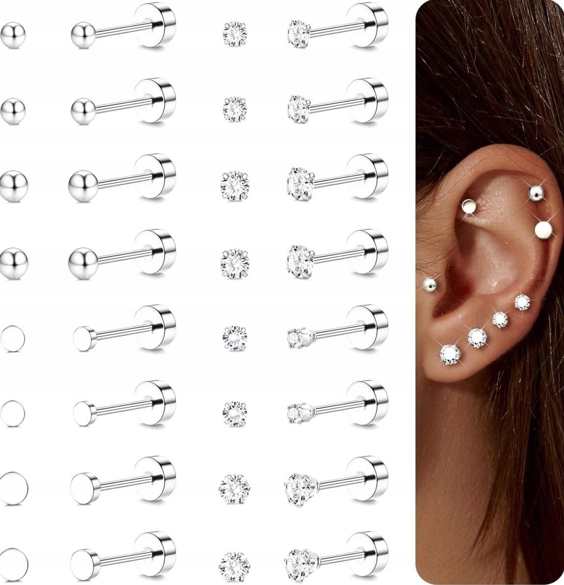 KOLCZYKI 16 PAR 2MM 3MM KOMPLET STAL CHIRURGICZNA HIPOALERGICZNE
