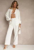Komplety damskie - Biały Wiskozowo-Lniany Komplet z Koszulą i Luźnymi Spodniami Hanorwen - miniaturka - grafika 1
