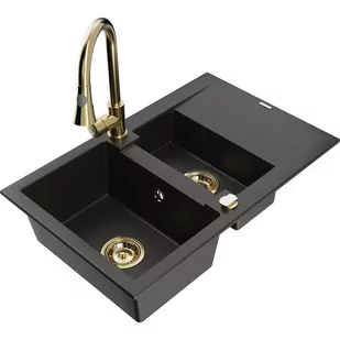 Mexen Gaspar zlewozmywak granitowy 1,5-komorowy z ociekaczem i baterią kuchenną Elia, czarny/złoty metalik - Zlewozmywaki z baterią - miniaturka - grafika 1