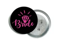 Gadżety dla niej i dla niego - Przypinka czarna z różowym napisem Bride i diamentem - miniaturka - grafika 1