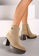 Botki damskie - Ciemnobeżowe Botki na Obcasie z Lekkim Ociepleniem Irivina - miniaturka - grafika 1