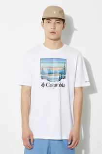 Koszulki męskie - Columbia t-shirt bawełniany Path Lake kolor biały z nadrukiem 1934814 - grafika 1