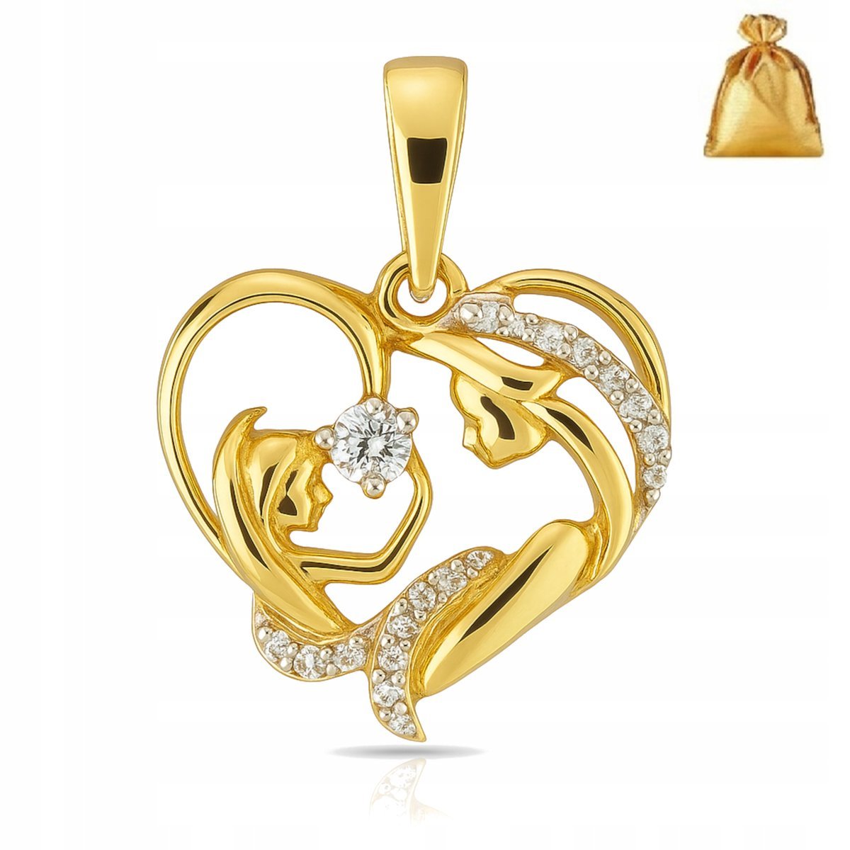 ZAWIESZKA ZŁOTA ZE STALI CHIRURGICZNEJ SERCE MATKA Z DZIECIĄTKIEM CYRKONIE