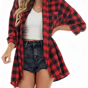 TEMU Elegancka Czerwono-Czarna Kraciasta Kurtka z Długim Rękawem dla Kobiet - Blazer z Kołnierzem i Guzikami, Kieszeń na Piersi, Tkanina - Koszule damskie - miniaturka - grafika 1