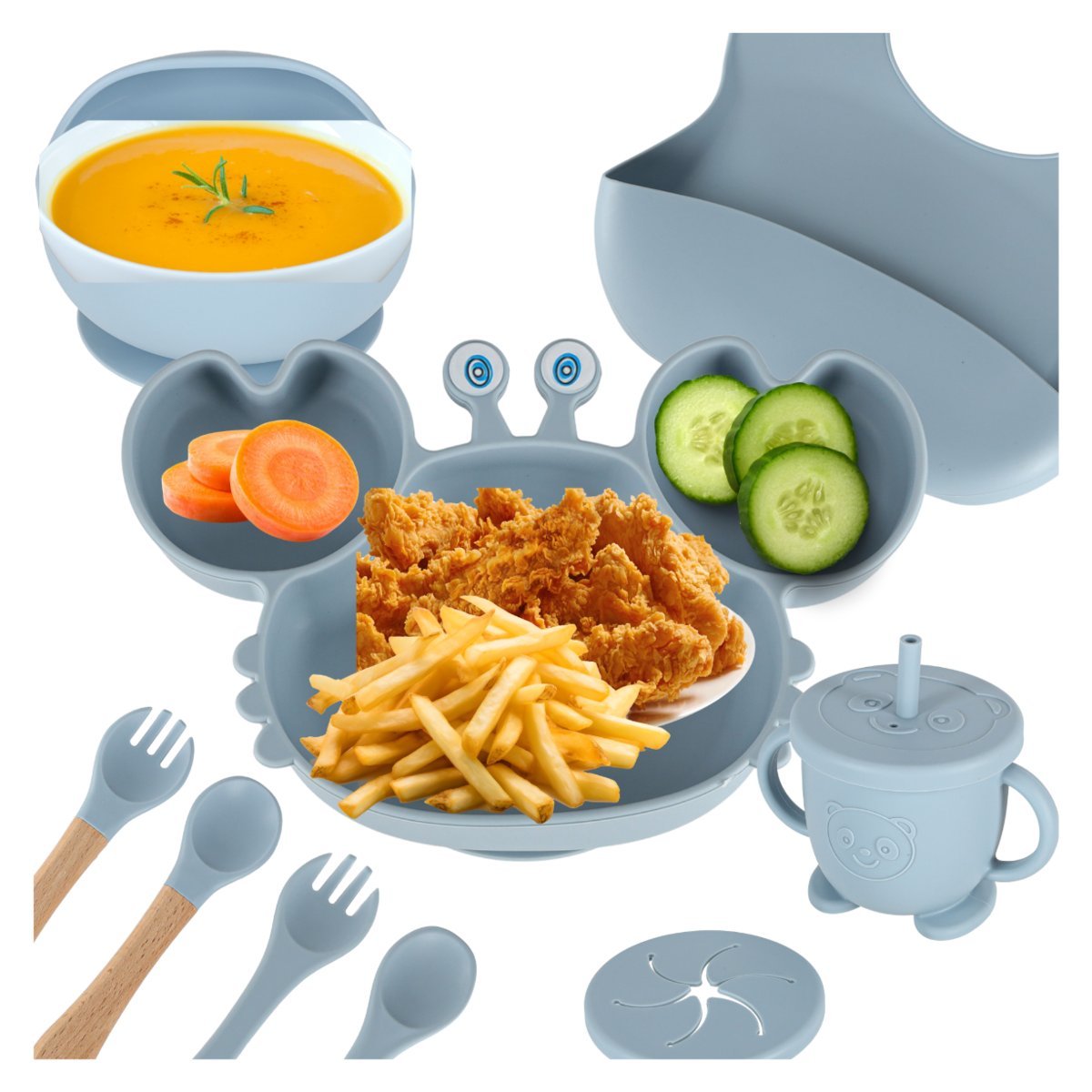 Pierwsze Naczynia Silikonowe Dla Dzieci Zesteaw 9 Sztuk Krab Niebieski