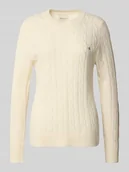 Swetry damskie - Sweter z dzianiny ze ściegiem warkoczowym i wyhaftowanym logo - miniaturka - grafika 1