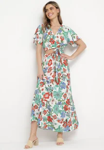 Biało-Czerwony Komplet Wiskozowy w Kwiatowy Wzór Bluzka Kopertowa i Spódnica z Gumką w Talii Hoffia - Komplety damskie - miniaturka - grafika 1