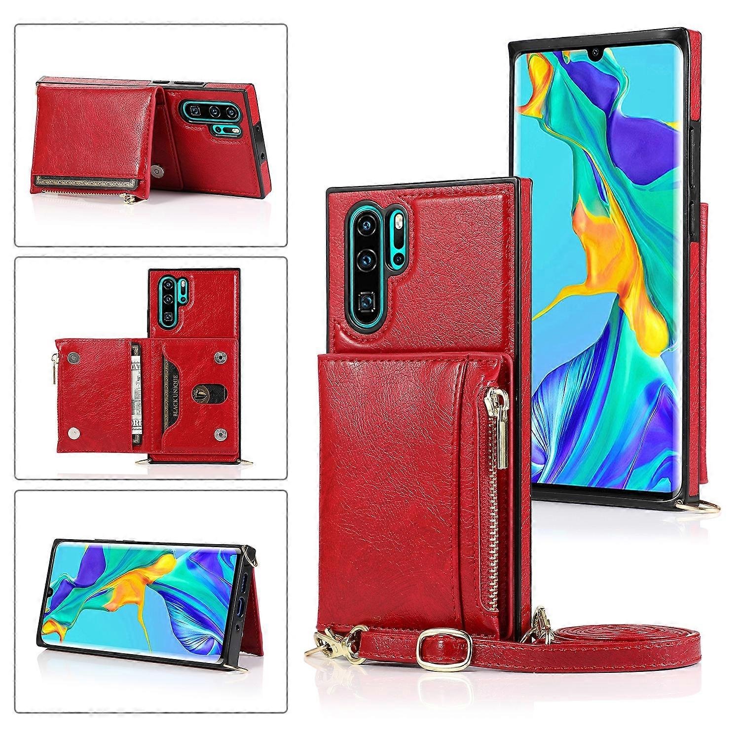 Do Huawei P30 Pro Kwadratowa torba z portfelem na zamek TPU + PU Tylna okładka z uchwytem i miejscami na karty oraz portfelem i paskiem na ramię