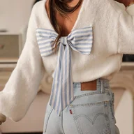 Swetry damskie - TEMU Elegancki sweter z kokardkﾄ� - stylowy pulower z wyciﾄ冂iem pod szyjﾄ� i dﾅＶgimi rﾄ冖awami, jednokolorowy, do noszenia w kaﾅｼdﾄ� porﾄ� roku, idealn - miniaturka - grafika 1