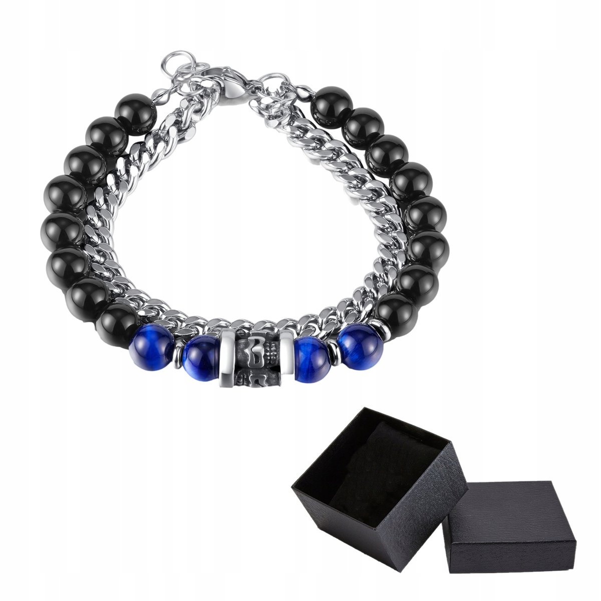 Bransoletka Srebrna Łańcuszek Stal Kamień Czarny Agat Tygrysie Oko Pudełko