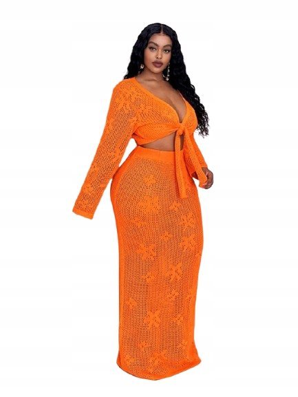 SHEIN KOBIECY POMARAŃCZOWY KOMPLET AŻUROWY Z WIĄZANIEM PLUS SIZE 50 1HA