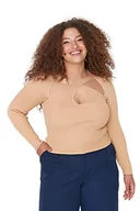 Bluzy damskie - Trendyol Damska bluza z dekoltem w serek jednokolorowa obcisła bluza plus size, Wielbłądzi, 5XL - miniaturka - grafika 1