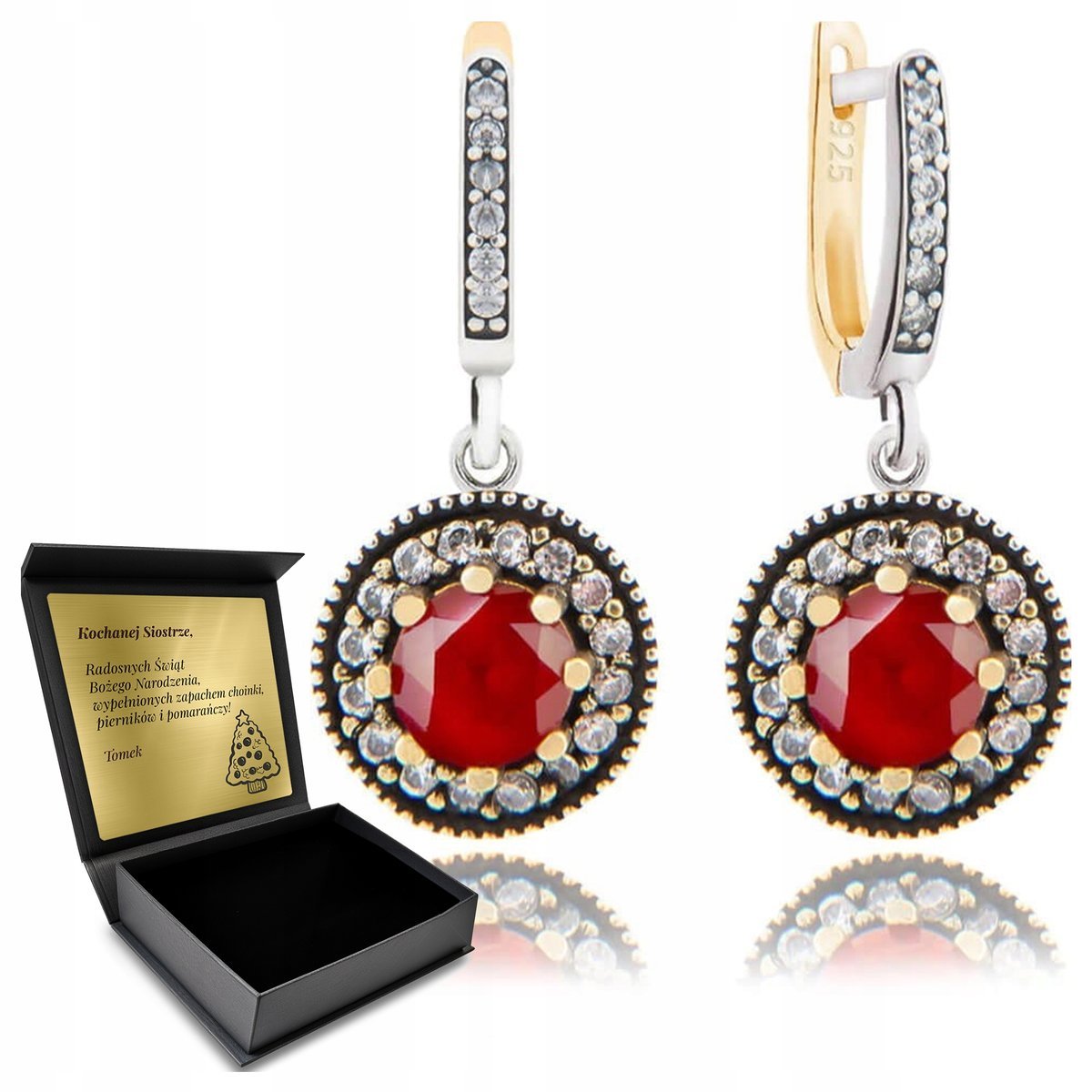 Kolczyki Srebrne 925 Z Cyrkoniami I Rubinem Dla Kobiety + Grawer